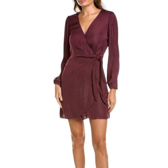 Socialite Wrap Dress Satin Fabric Long Sleeve Mini Length Purple Women's S NWOT - Picture 1 of 9